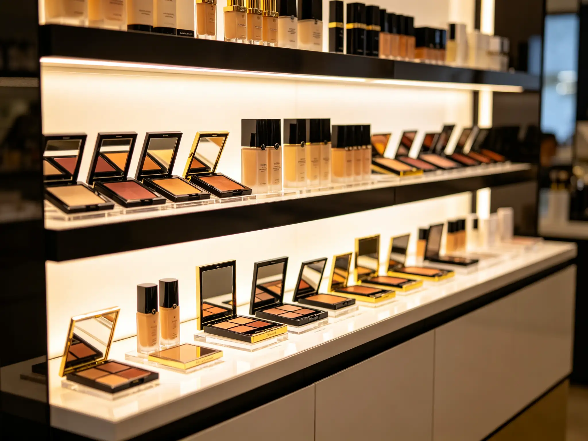 Backlit cosmetics shelf in a beauty store