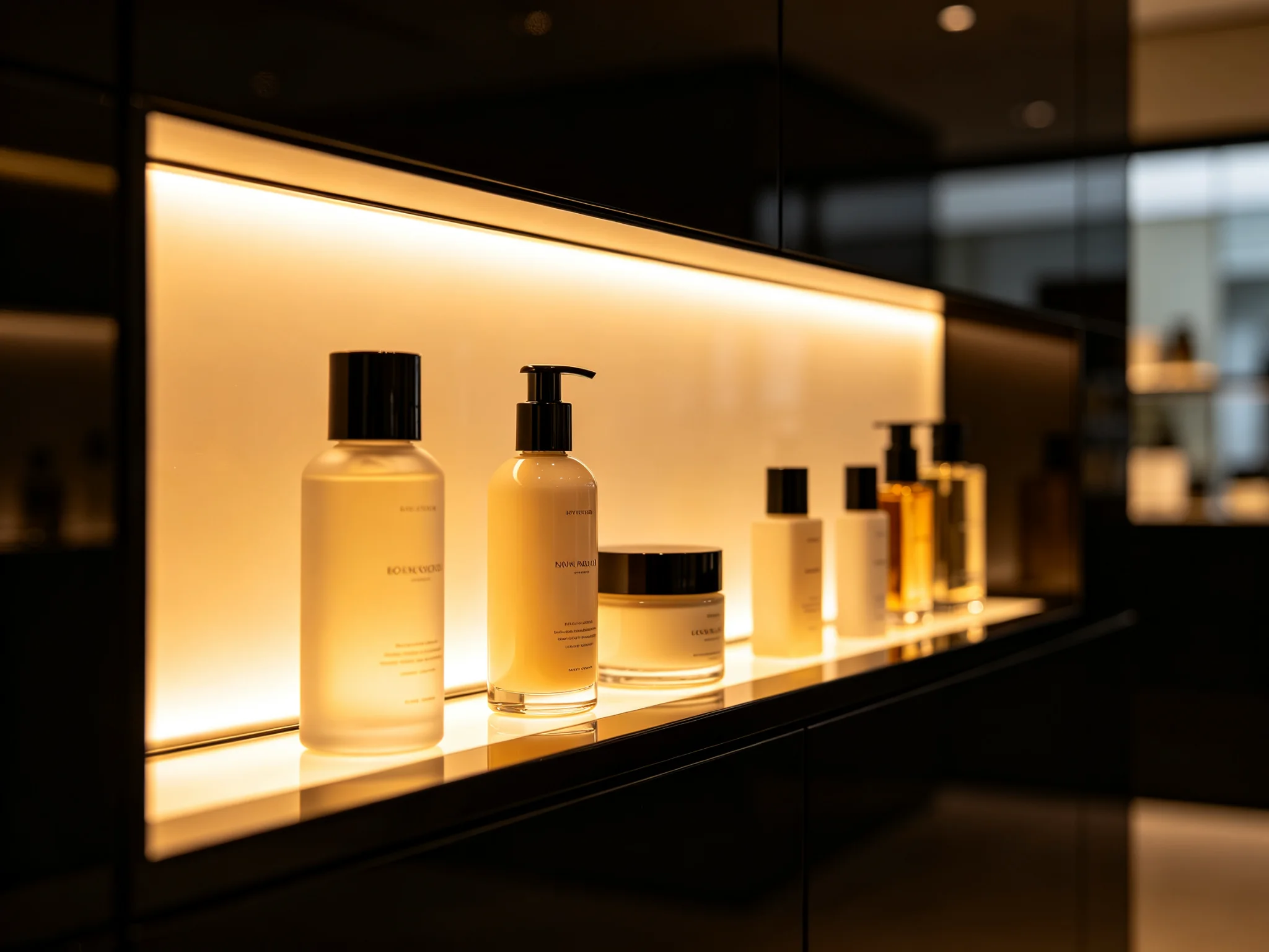 Backlit skincare display with warm edge lighting