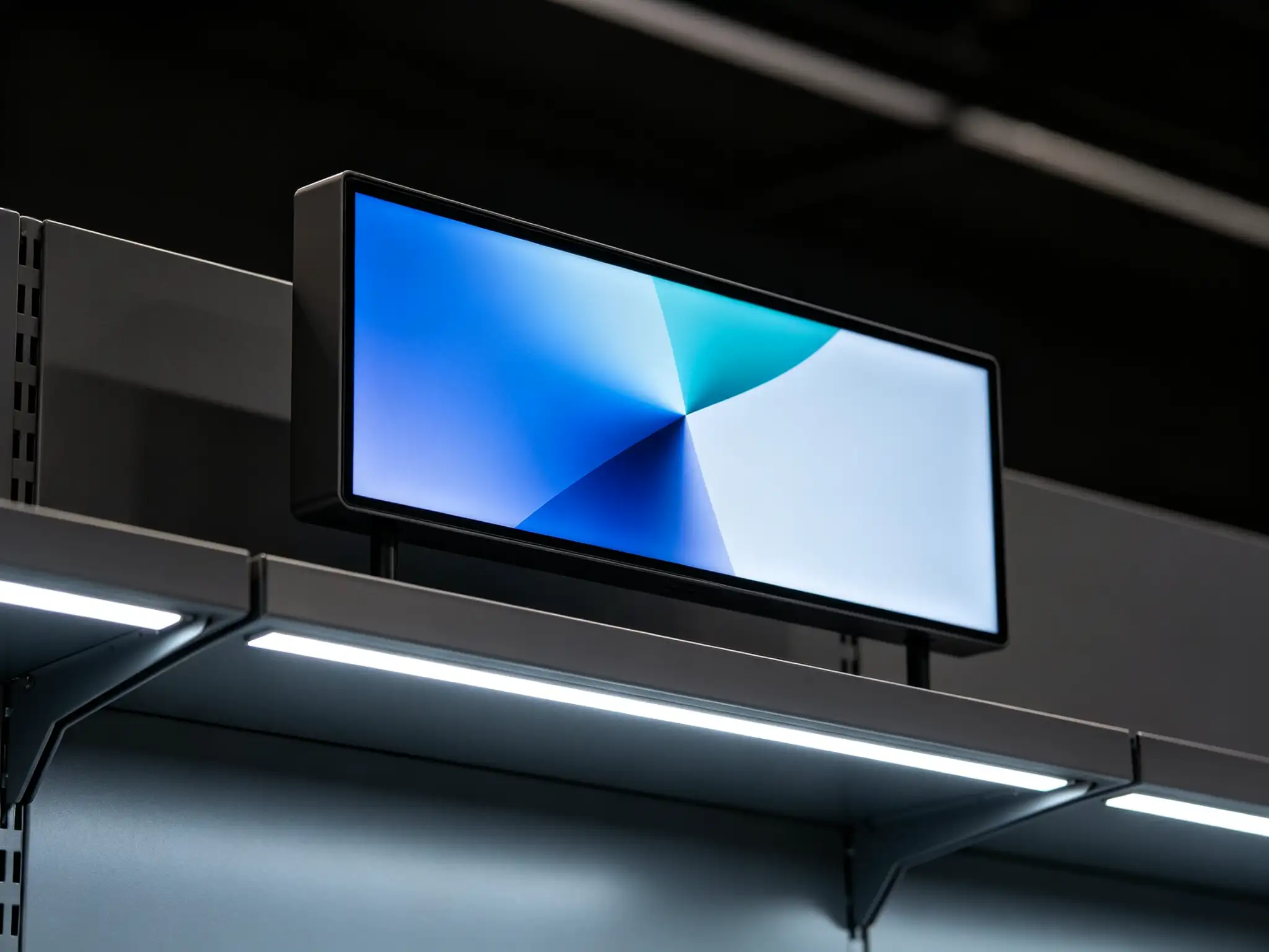 Slim digital shelf display screen above an LED-lit product shelf