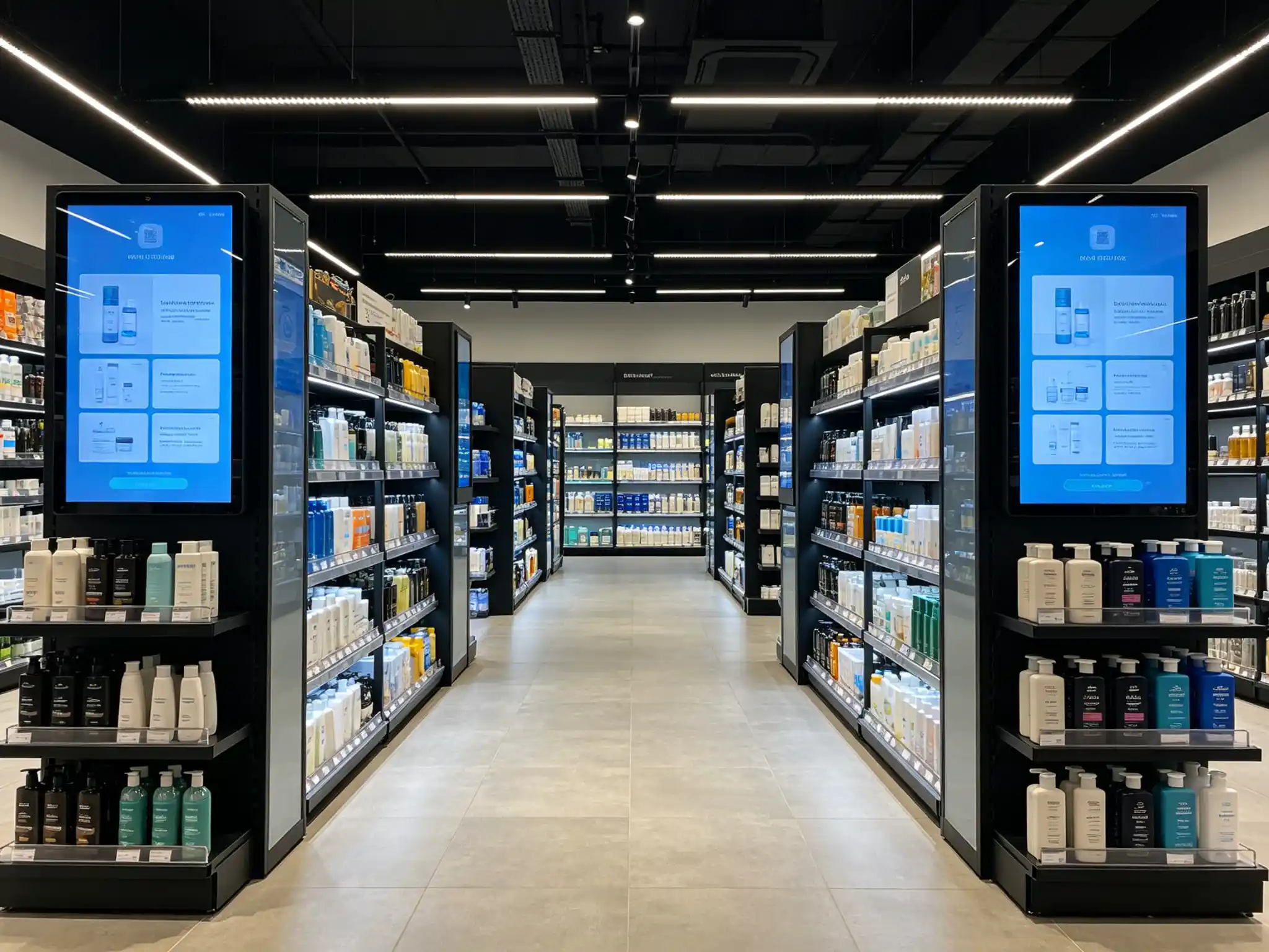 Smart retail store with digital displays integrated into gondola shelving