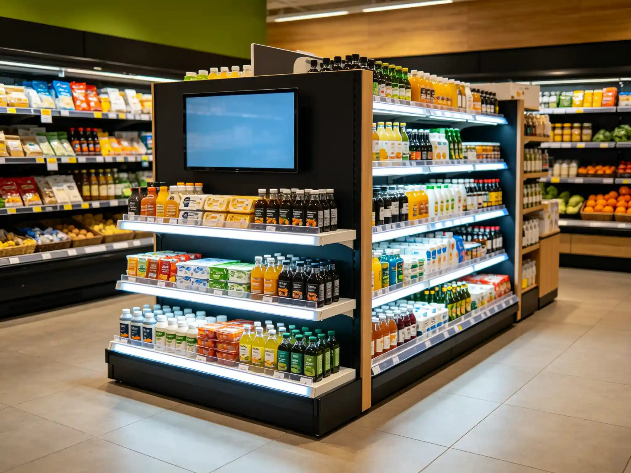 Supermarket endcap with digital screen and LED-lit shelves